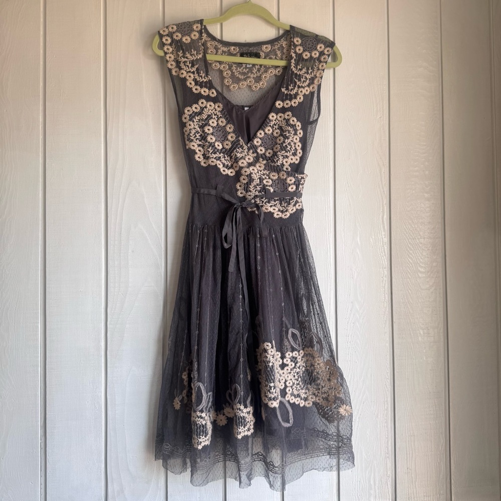 Biya Gray Mesh Floral Embroidered Mini Dress
